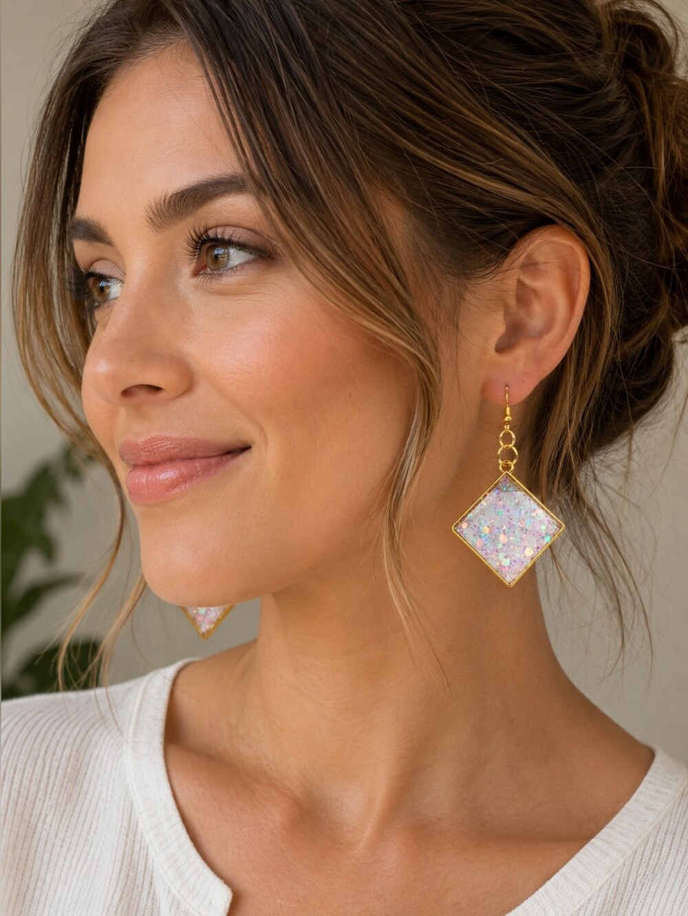 Handmade UV Resin Glitter Gold Square Dangle Earrings Hypoallergenic Fish Hook